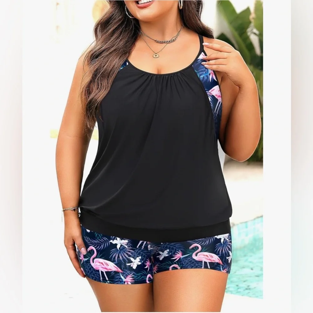 Holipick Flamingo Swimsuit Two Piece Tummy Control Tankini Boy Shorts 16W NWT - Picture 5 of 8